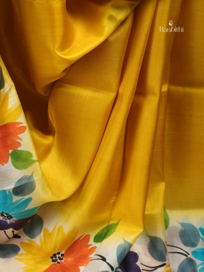 Hand Painted Murshidabad Silk Saree – Mustard Yellow