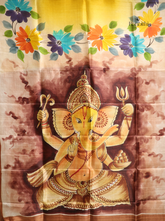 Hand Painted Murshidabad Silk Saree – Mustard Yellow