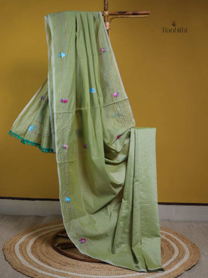 Jade Green Handcrafted Embroidered Chanderi Saree