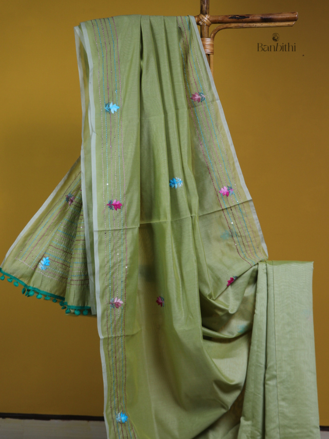 Jade Green Handcrafted Embroidered Chanderi Saree