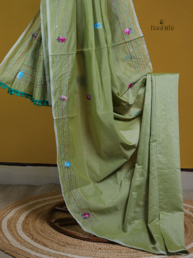 Jade Green Handcrafted Embroidered Chanderi Saree