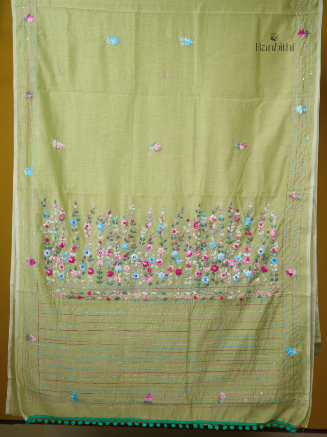 Jade Green Handcrafted Embroidered Chanderi Saree