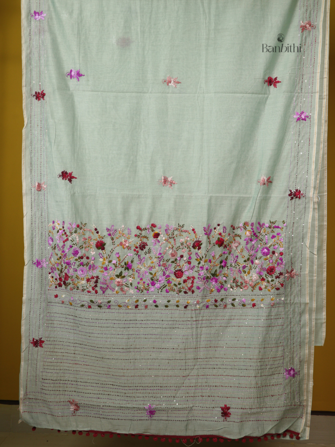 Smoky Grey Heritage Embroidery Chanderi Saree