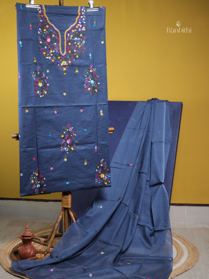 Hand Embroidered Cotton Suit Set – 3 Pcs (Greyish Blue)