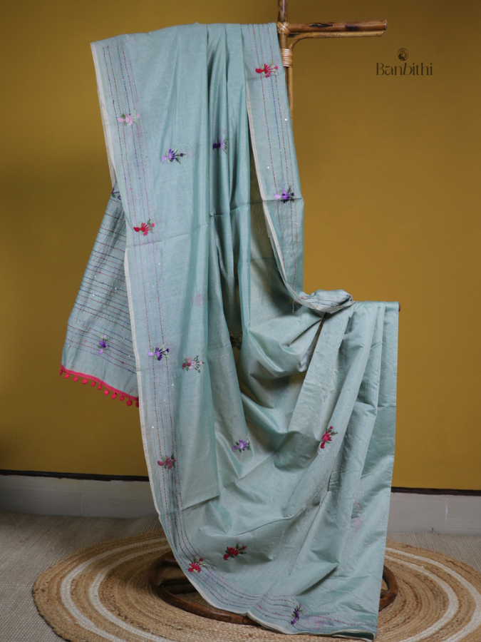 Charcoal Grey Multicolour Thread Chanderi Saree