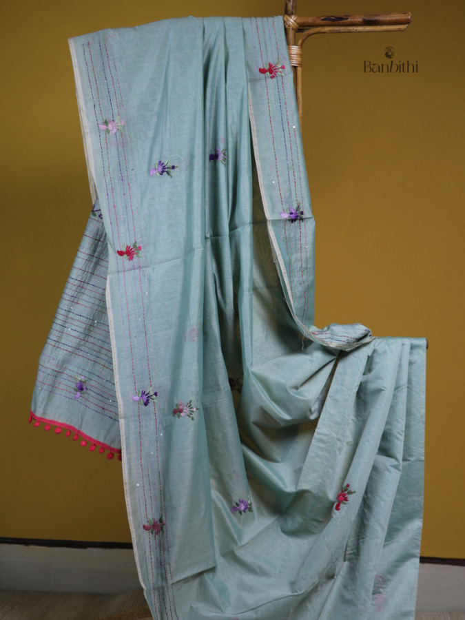 Charcoal Grey Multicolour Thread Chanderi Saree