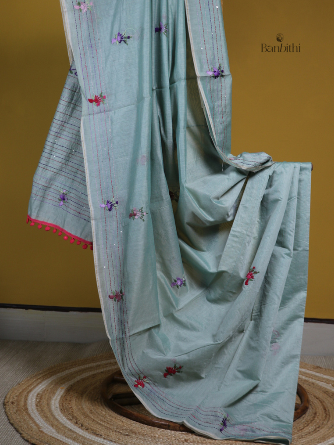 Charcoal Grey Multicolour Thread Chanderi Saree