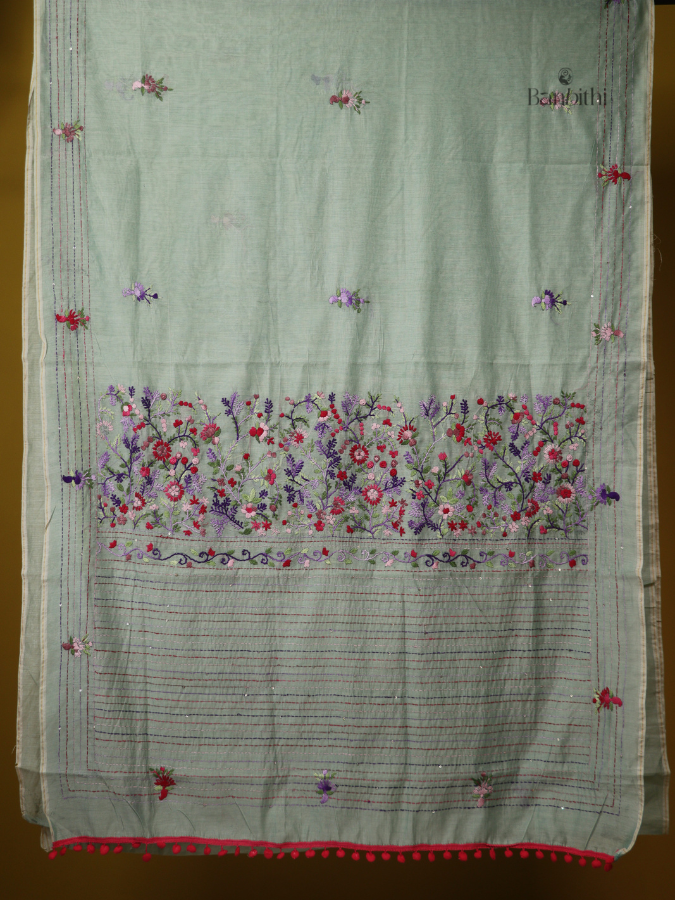 Charcoal Grey Multicolour Thread Chanderi Saree