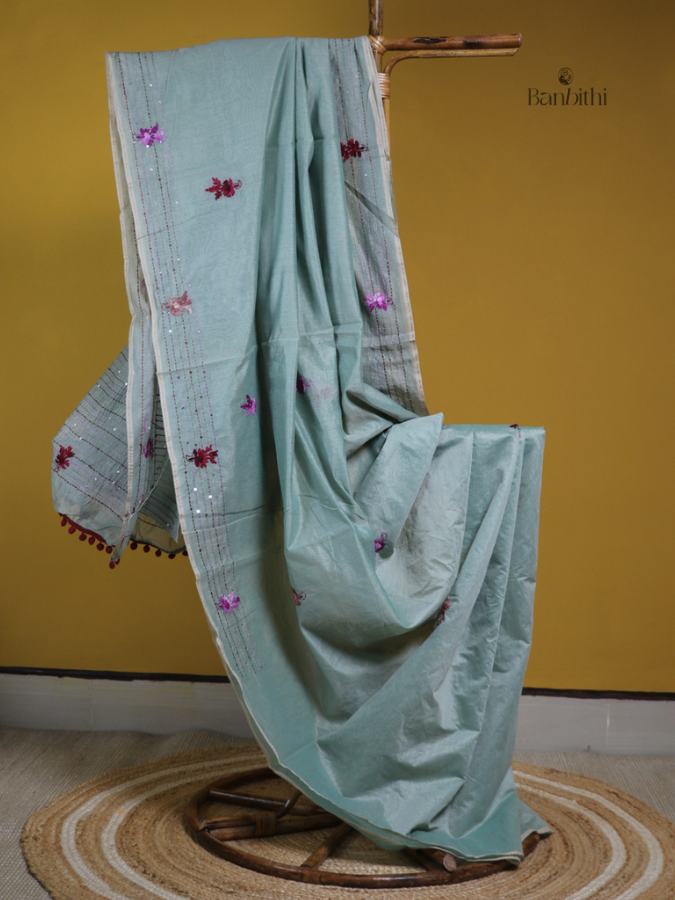 Smoky Grey Heritage Embroidery Chanderi Saree