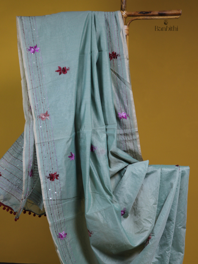 Smoky Grey Heritage Embroidery Chanderi Saree