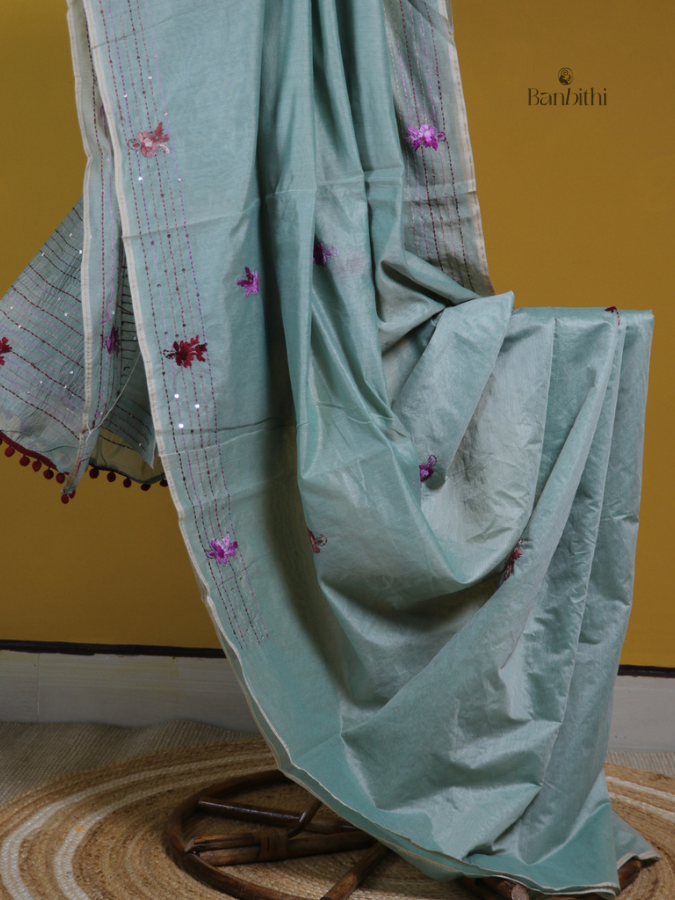 Smoky Grey Heritage Embroidery Chanderi Saree