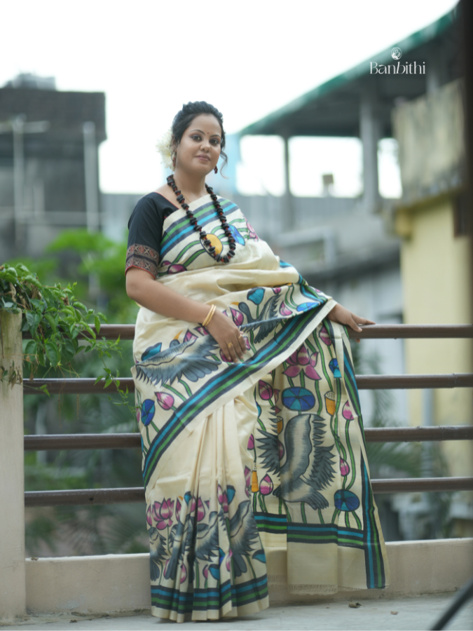 Hand Painted Gacchi Tussar Silk Saree – Off White