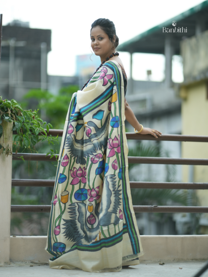 Hand Painted Gacchi Tussar Silk Saree – Off White