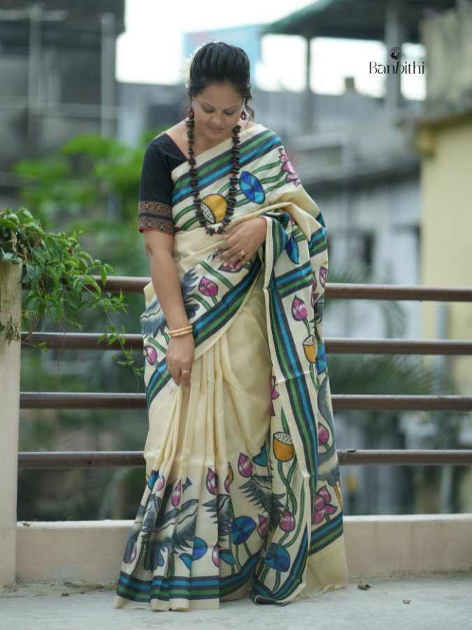 Hand Painted Gacchi Tussar Silk Saree – Off White