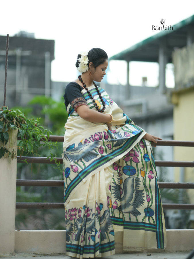 Hand Painted Gacchi Tussar Silk Saree – Off White