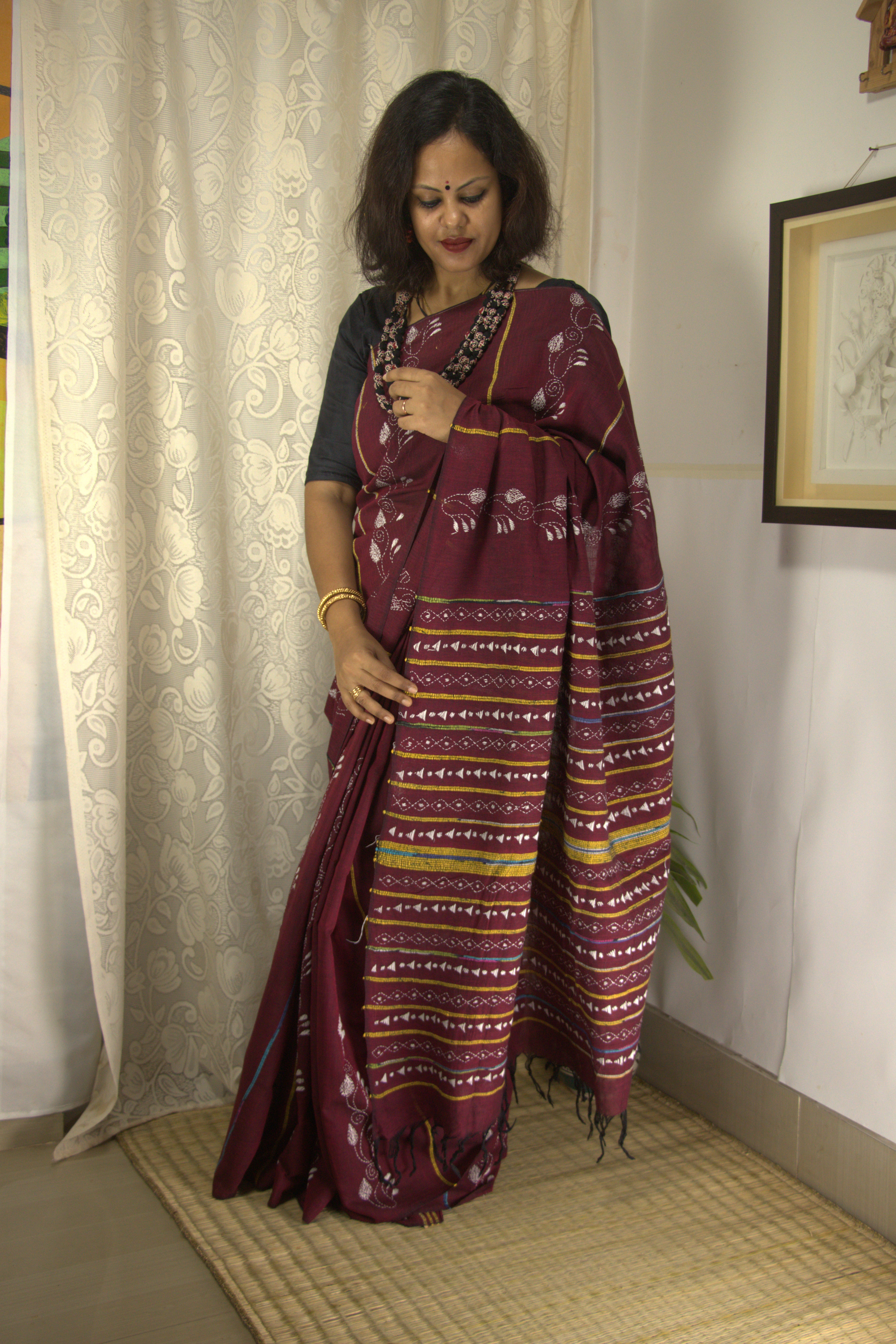 Maroon Kantha Saree - Pure Cotton Hand Embroidery