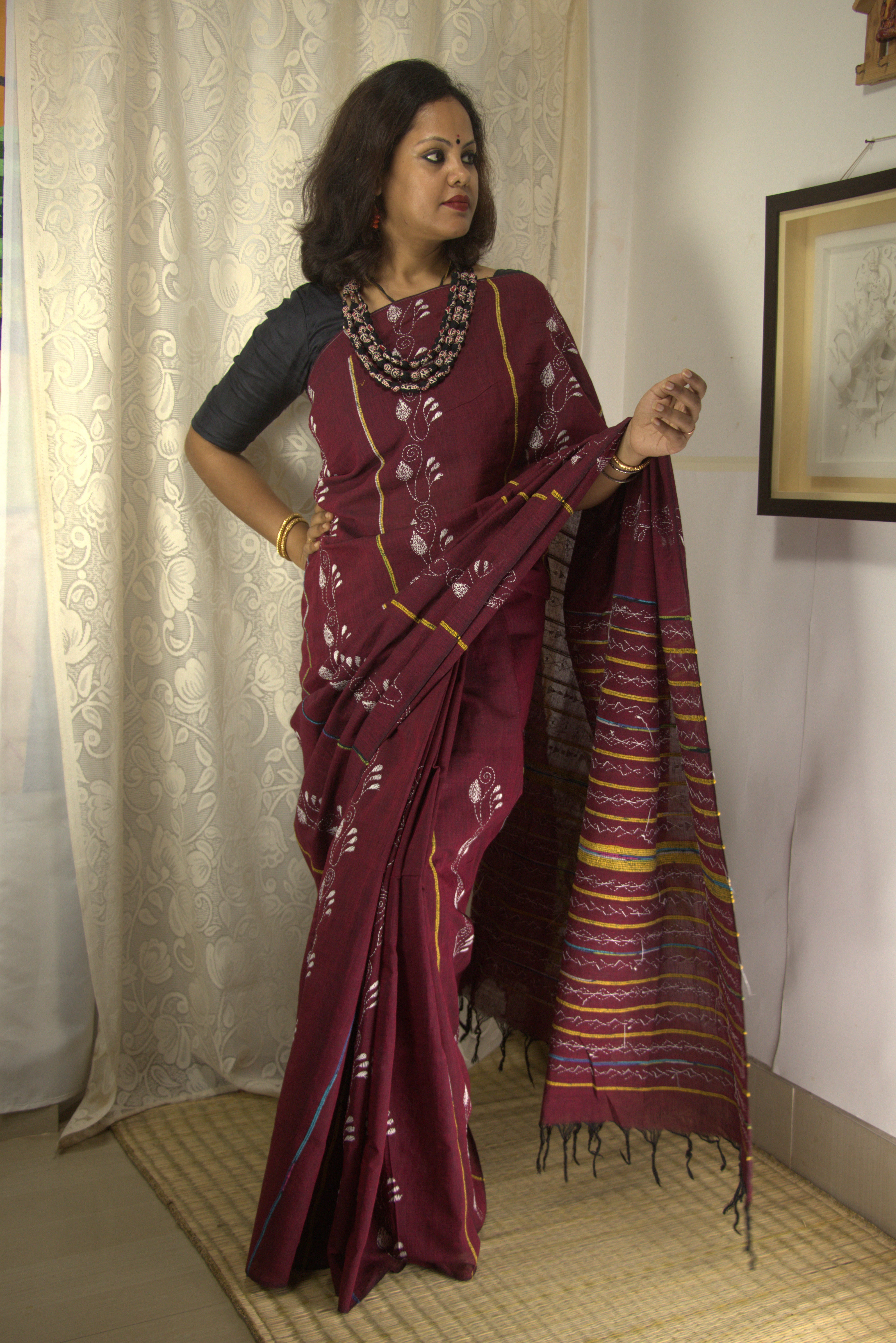 Maroon Kantha Saree - Pure Cotton Hand Embroidery