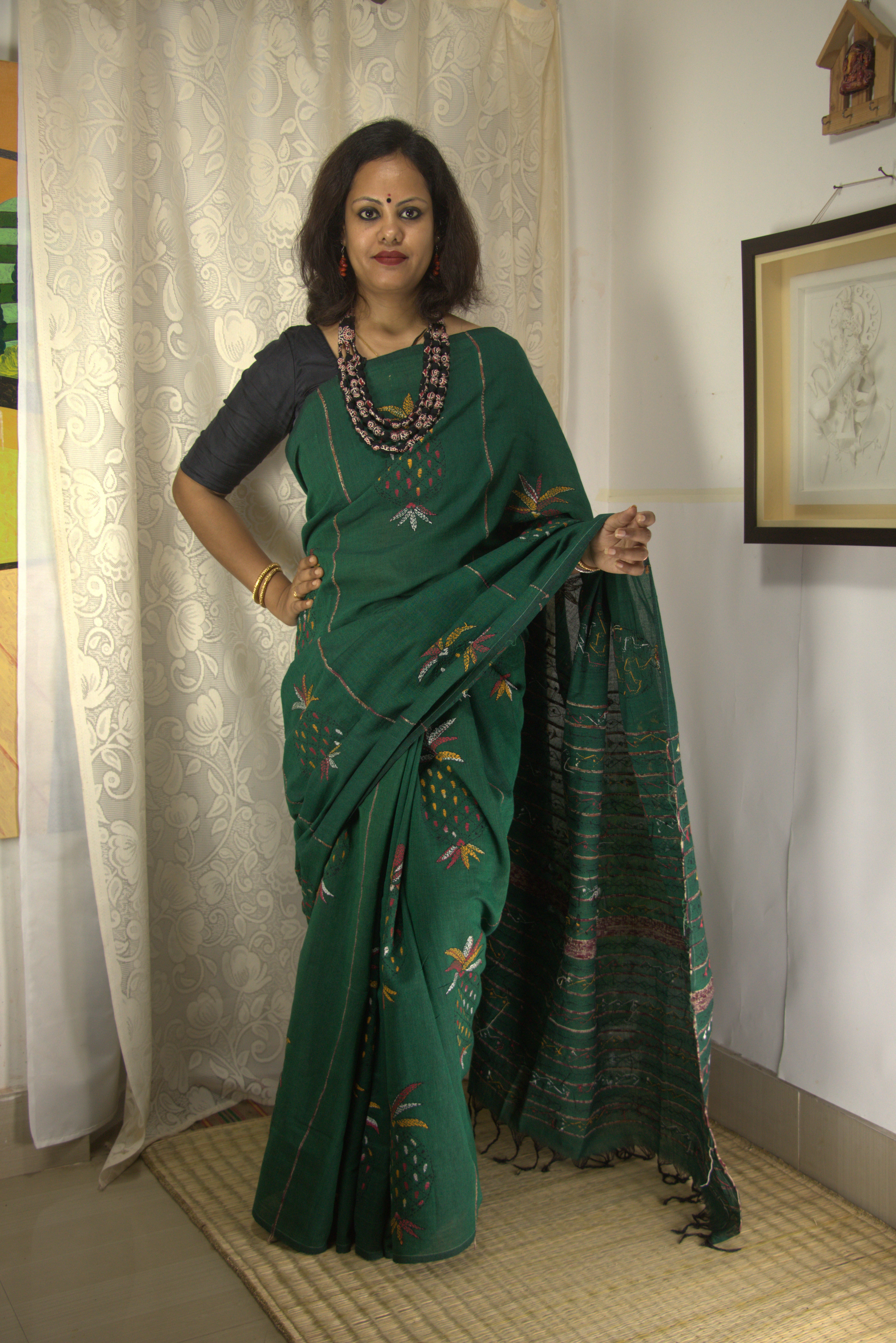 Green Kantha Saree - Pure Cotton Hand Embroidery