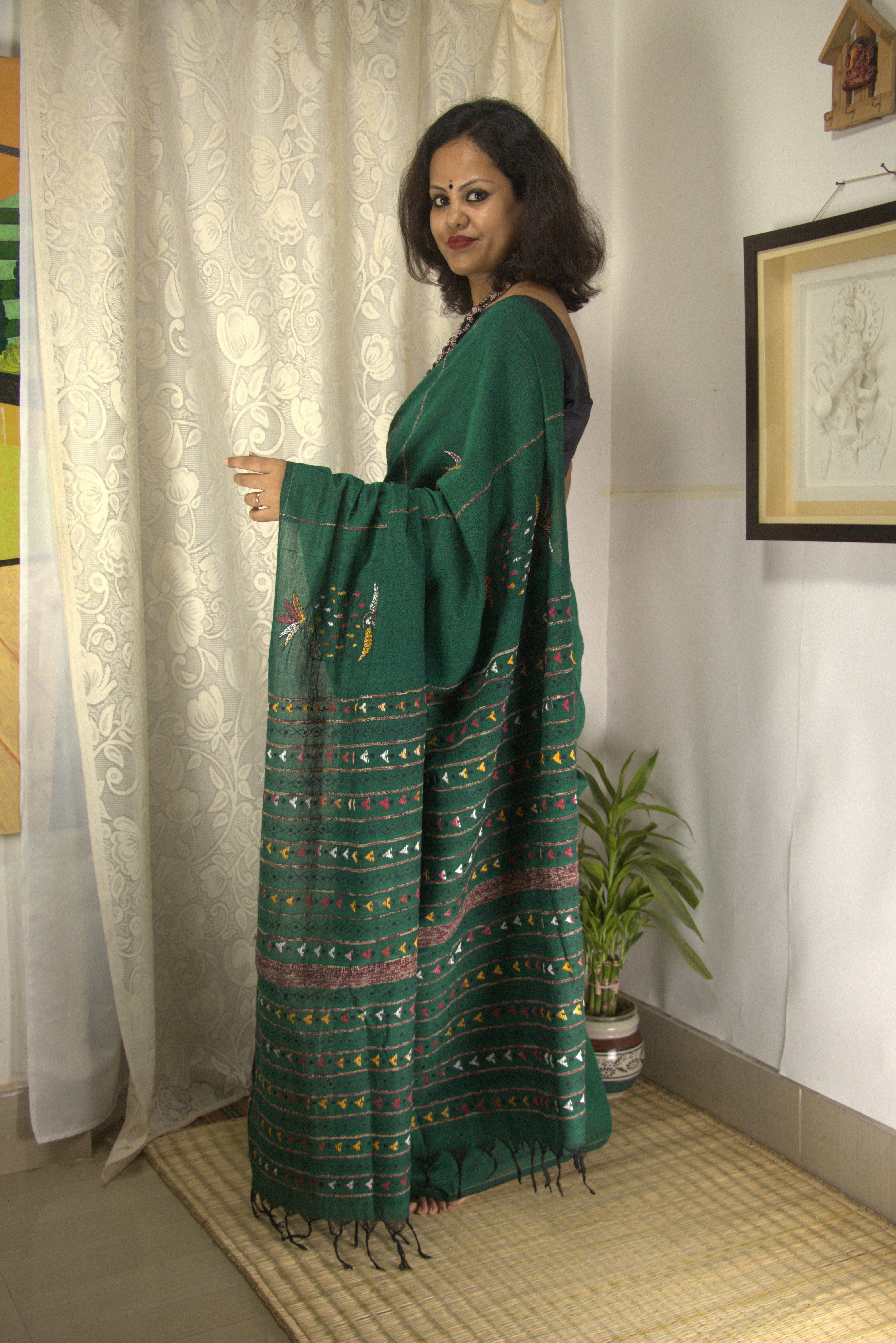 Green Kantha Saree - Pure Cotton Hand Embroidery
