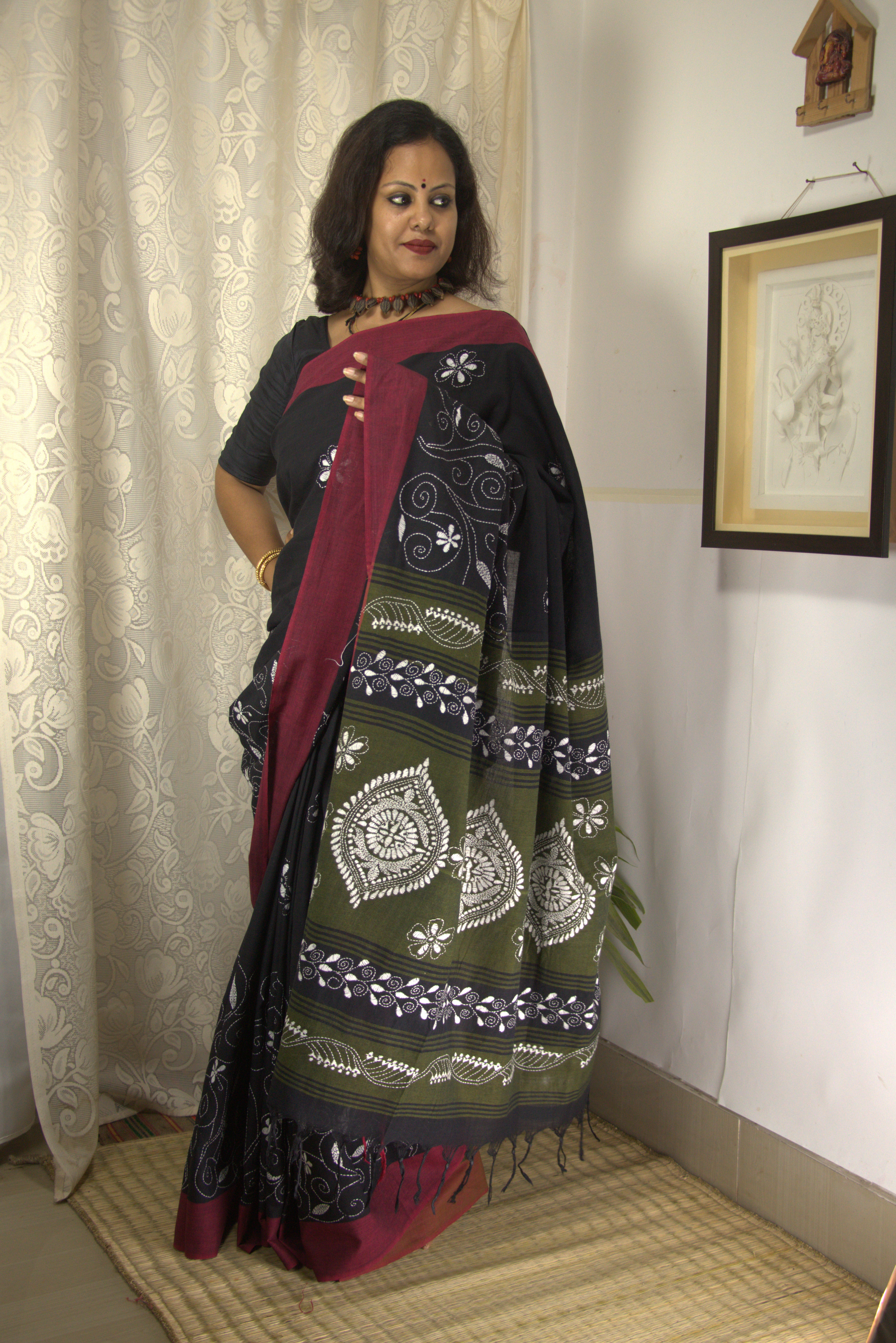 Black Kantha Saree - Pure Cotton Hand Embroidery