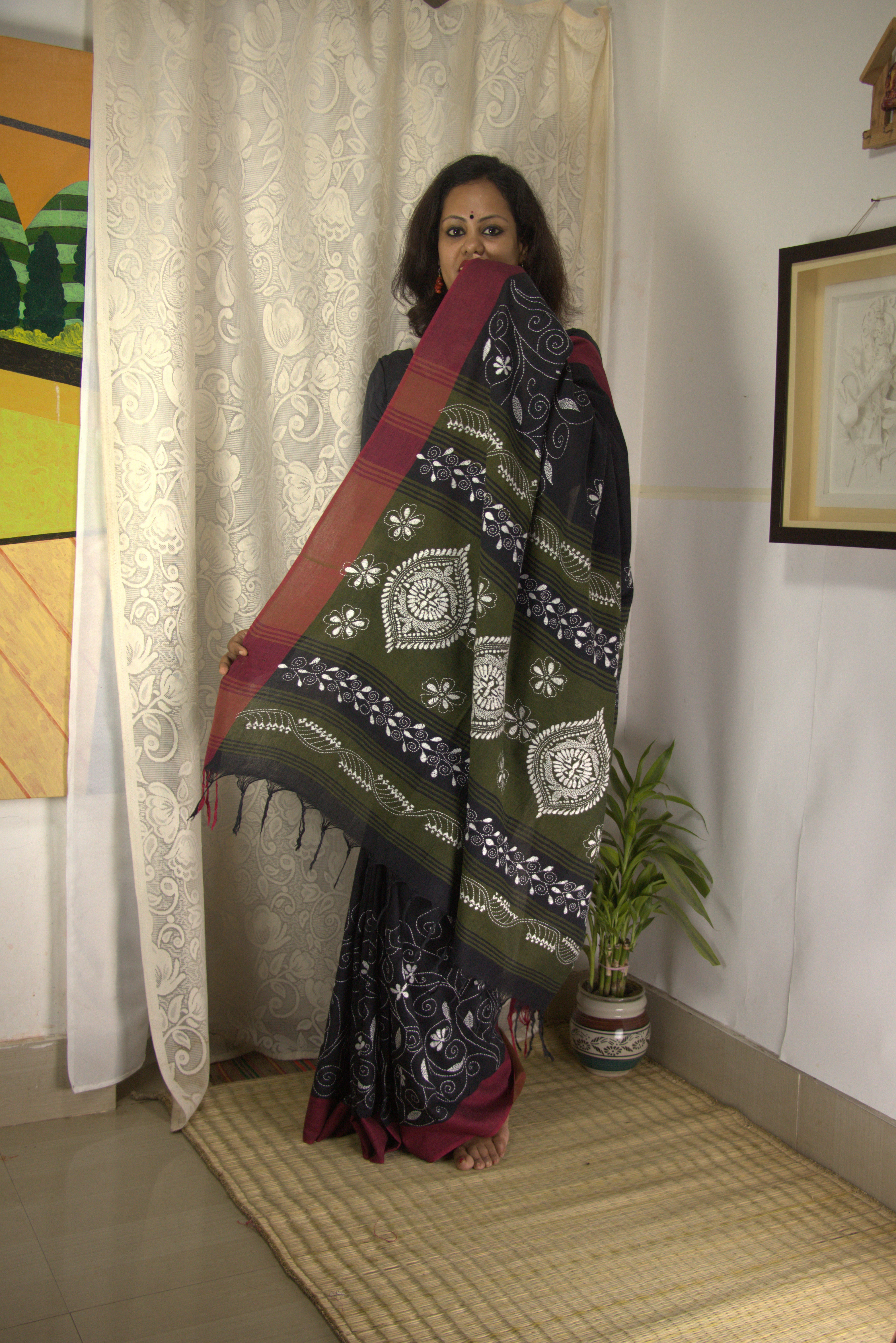 Black Kantha Saree - Pure Cotton Hand Embroidery