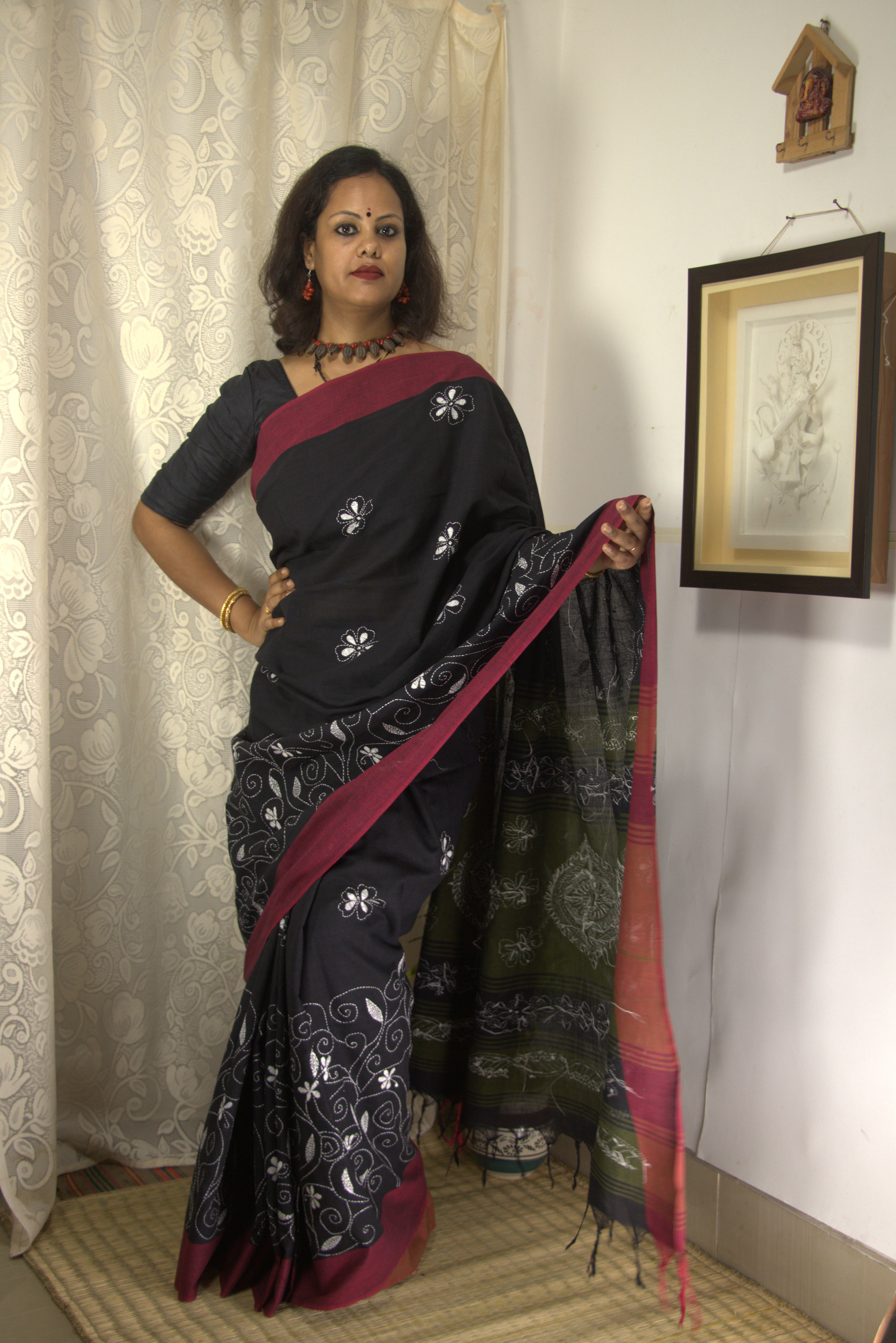 Black Kantha Saree - Pure Cotton Hand Embroidery