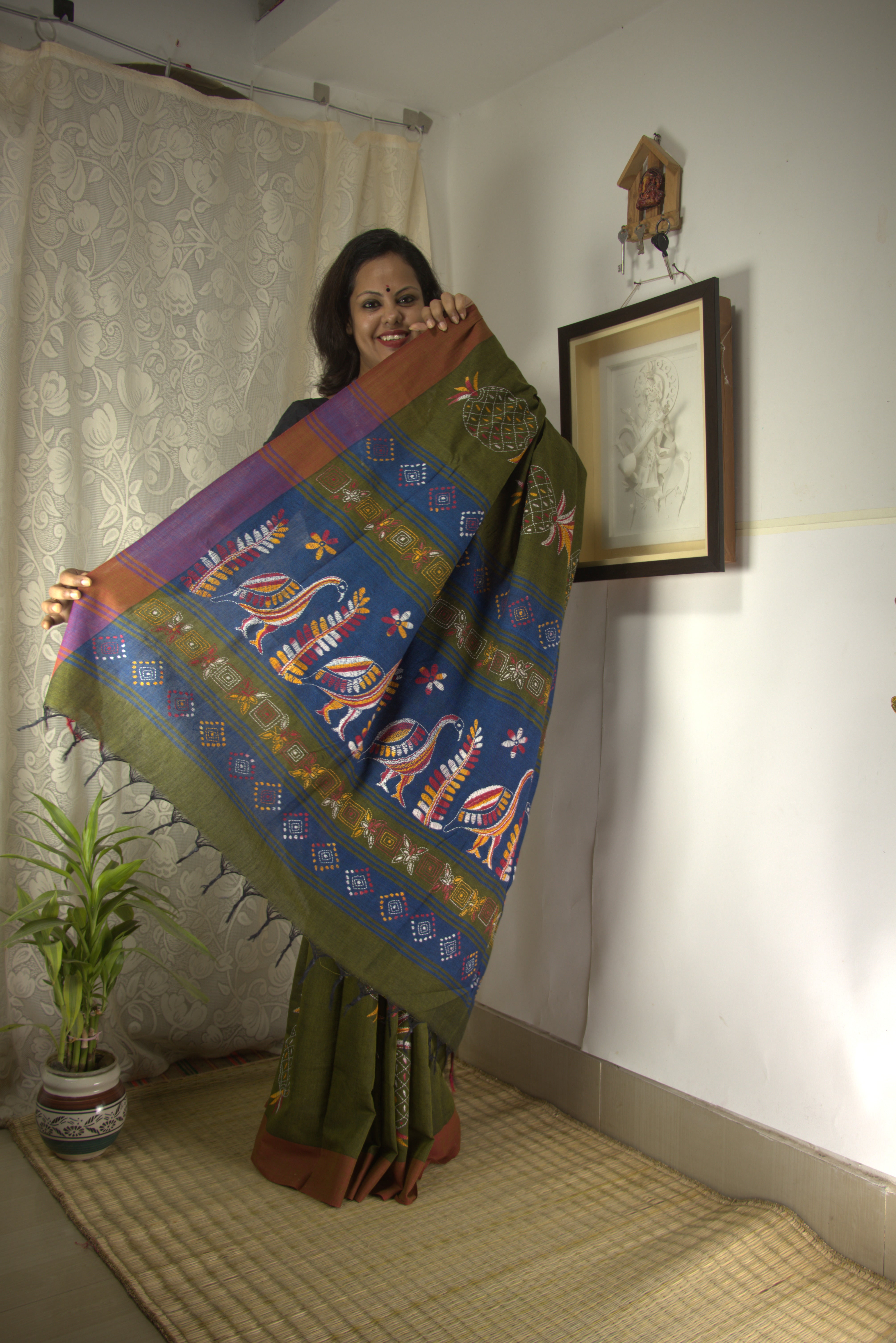 Magenta Kantha Saree - Pure Cotton Hand Embroidery