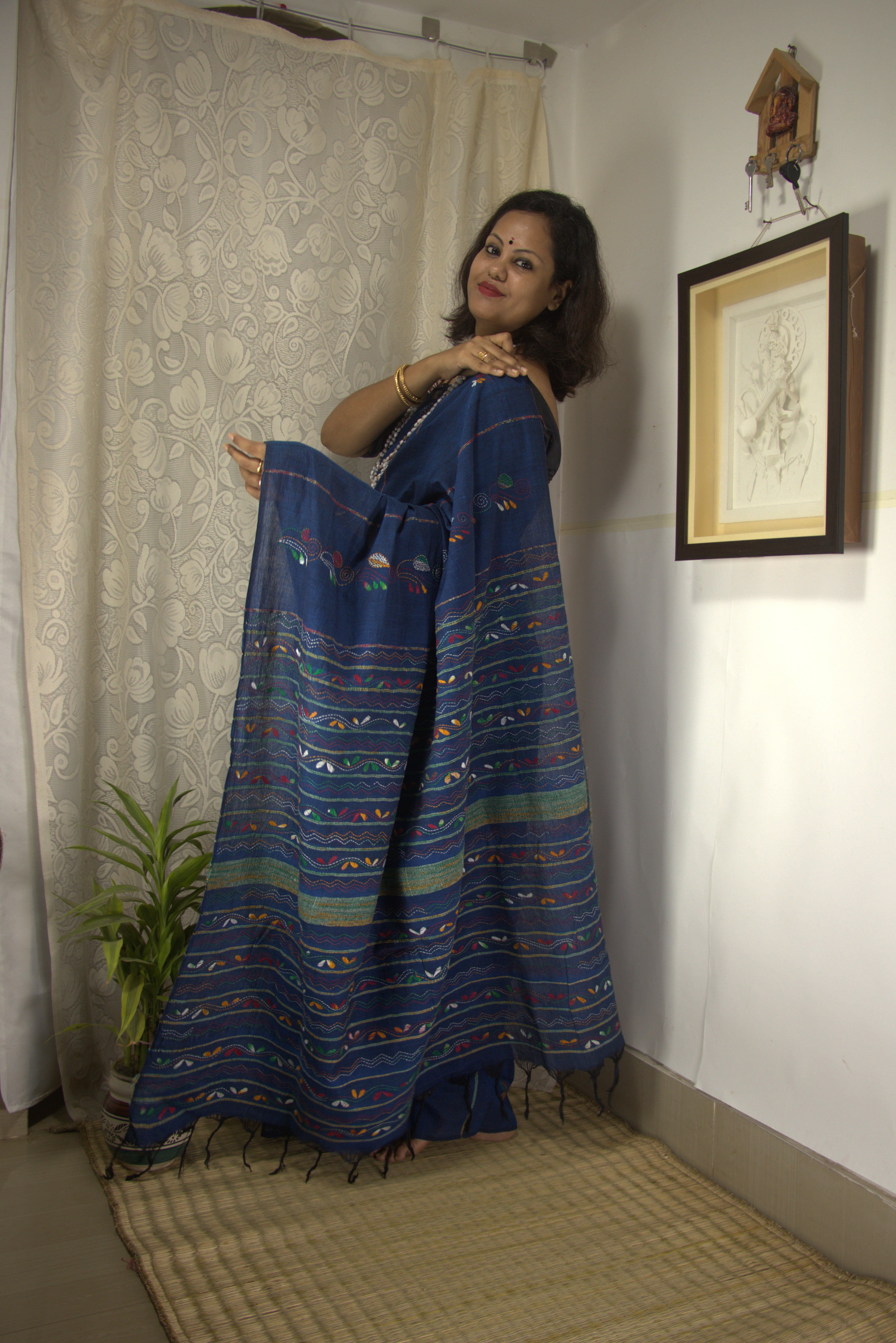 Blue Kantha Saree - Pure Cotton Hand Embroidery