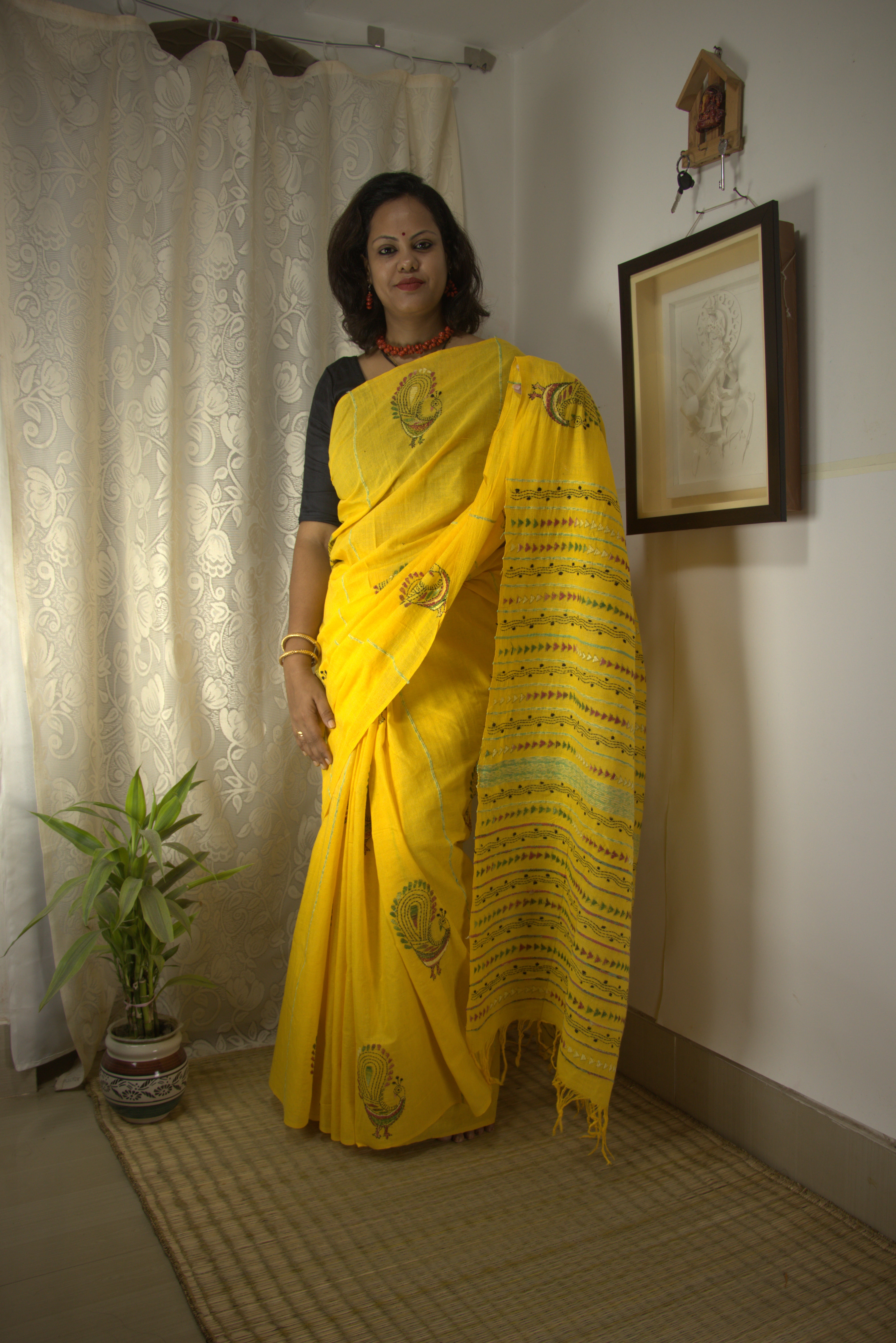 Yellow Kantha Saree - Pure Cotton Hand Embroidery