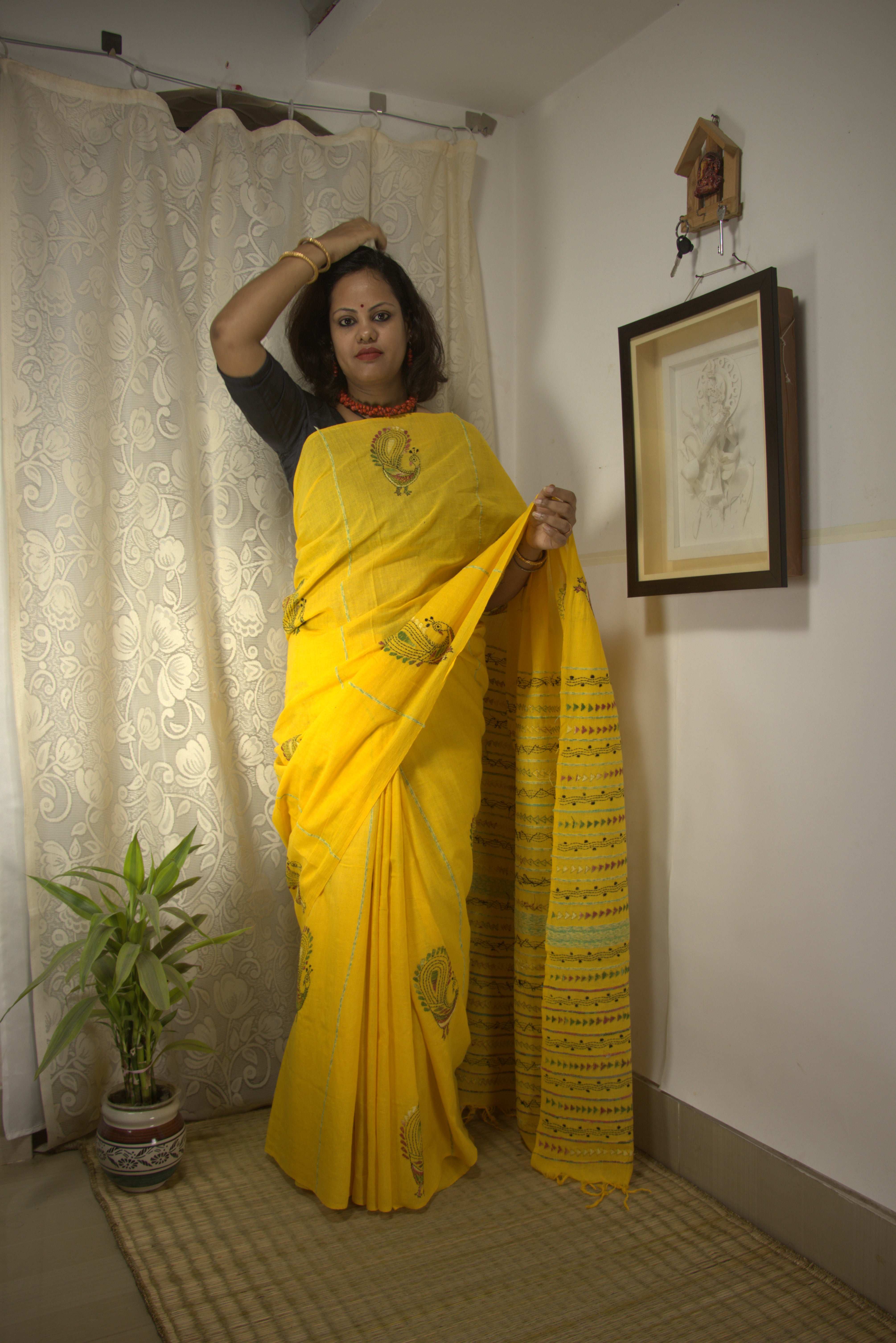 Yellow Kantha Saree - Pure Cotton Hand Embroidery
