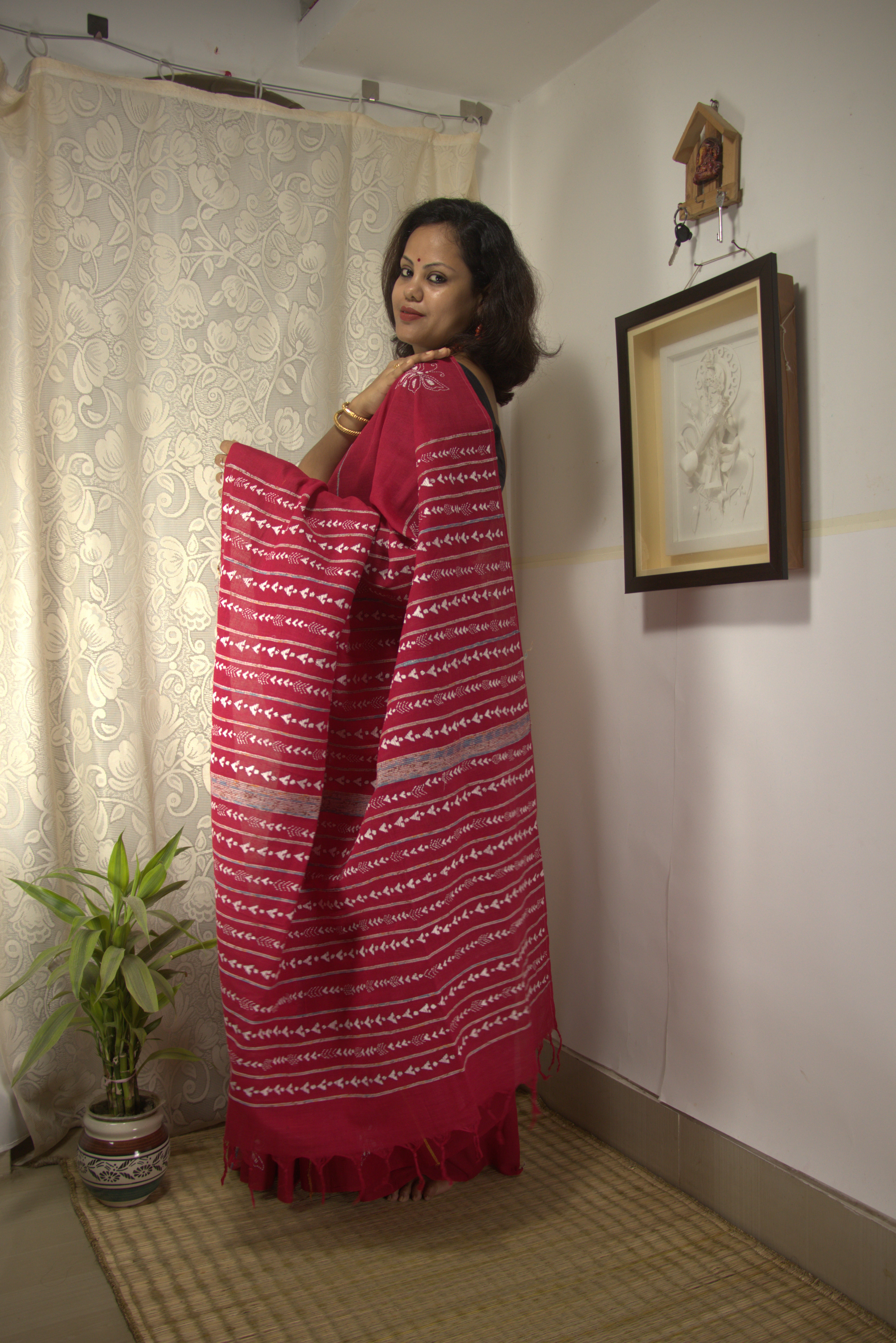Red Kantha Saree - Pure Cotton Hand Embroidery