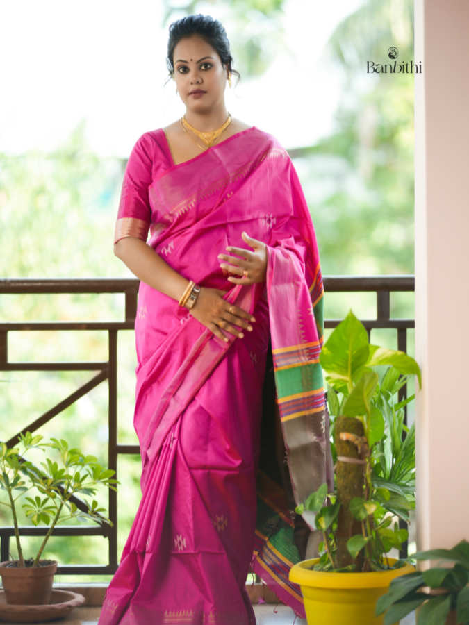 Bishnupur Silk Saree – Pink with Brown