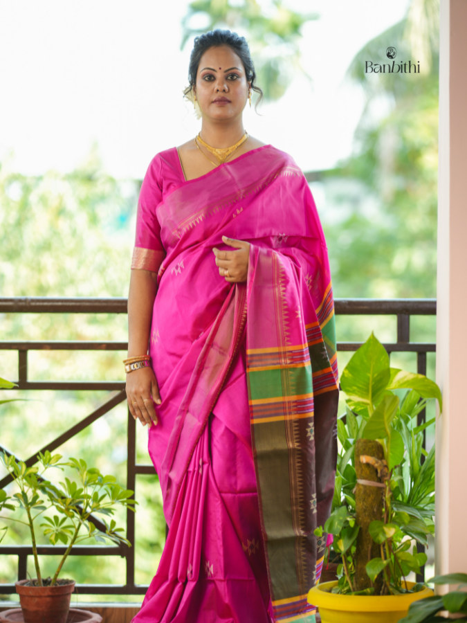 Bishnupur Silk Saree – Pink with Brown