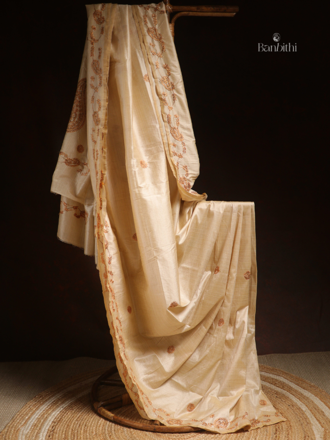 Hand Embroidered Saree – Off White with Golden Thread