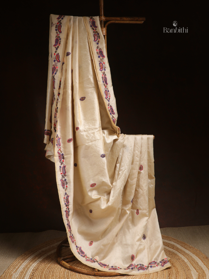 Hand Embroidered Saree – Off White with Golden Thread (Variant 2)