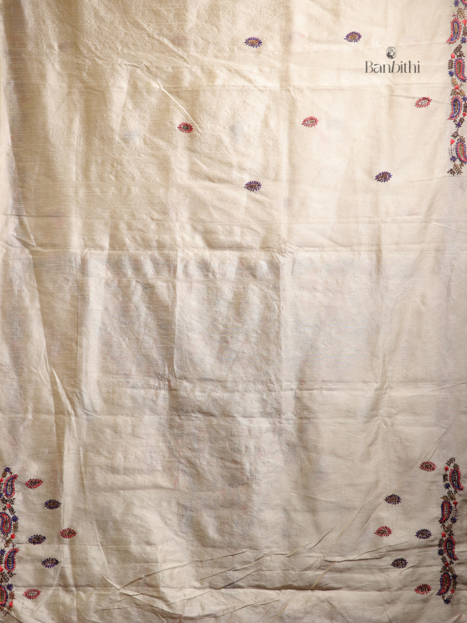 Hand Embroidered Saree – Off White with Golden Thread (Variant 2)