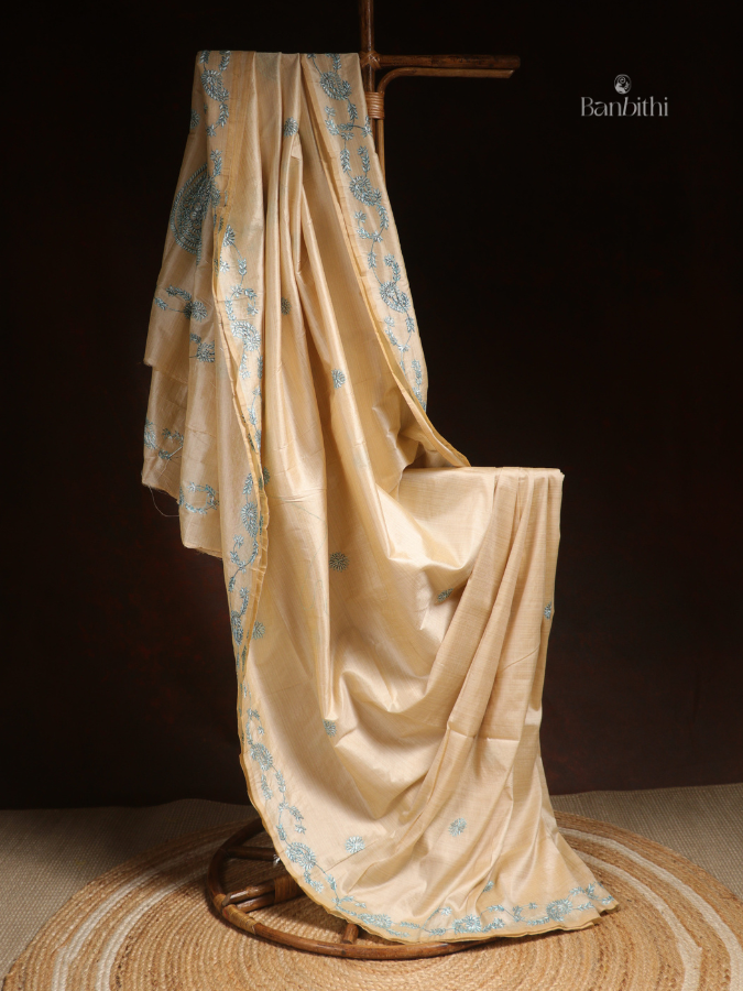 Hand Embroidered Saree – Off White with Golden Thread (Variant 3)