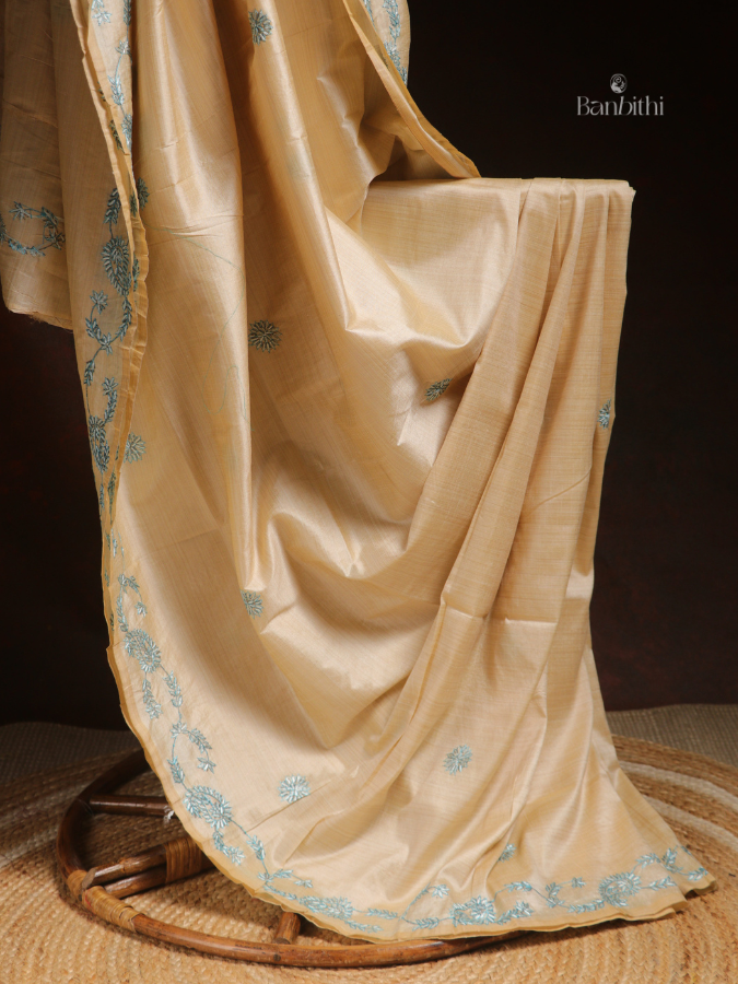 Hand Embroidered Saree – Off White with Golden Thread (Variant 3)