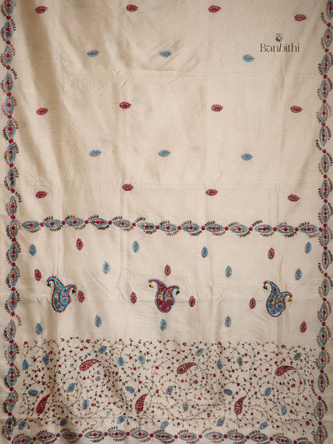 Hand Embroidered Saree – Off White with Golden Thread (Variant 4)