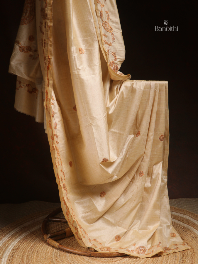 Hand Embroidered Saree – Off White with Golden Thread