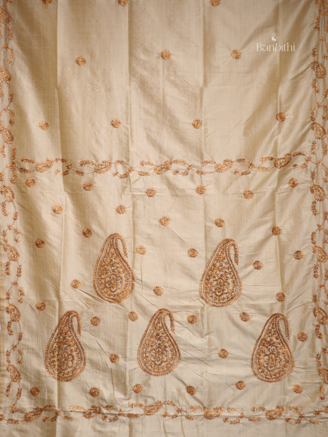 Hand Embroidered Saree – Off White with Golden Thread