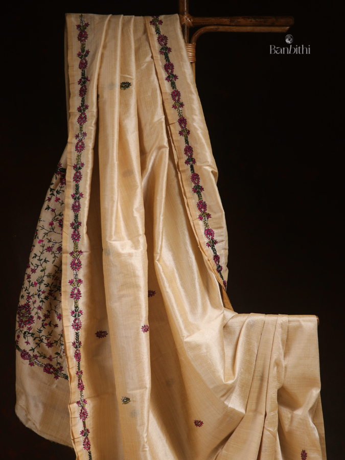 Hand Embroidered Saree – Off White with Golden Thread (Variant 5)