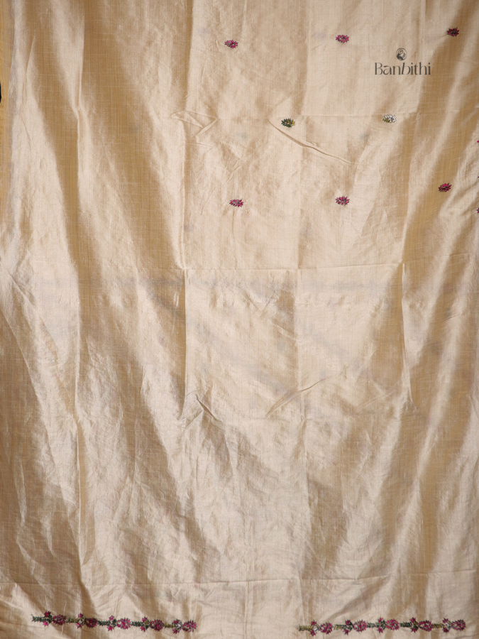 Hand Embroidered Saree – Off White with Golden Thread (Variant 5)