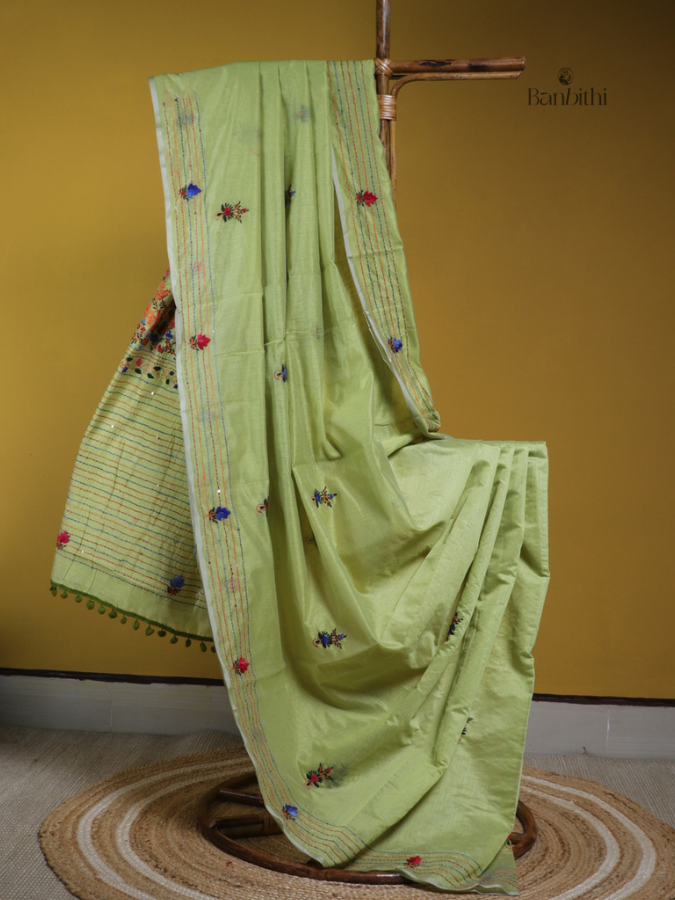 Fresh Leaf Green Artisan Needlework Saree