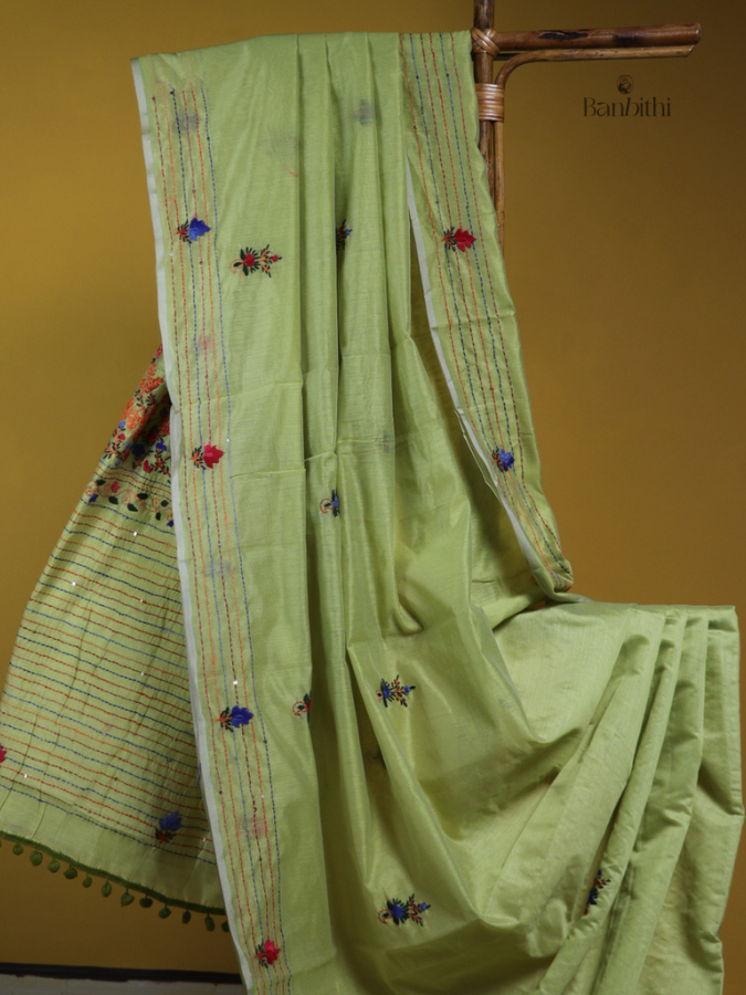 Fresh Leaf Green Artisan Needlework Saree