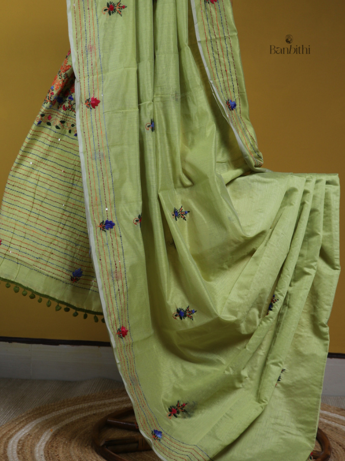 Fresh Leaf Green Artisan Needlework Saree