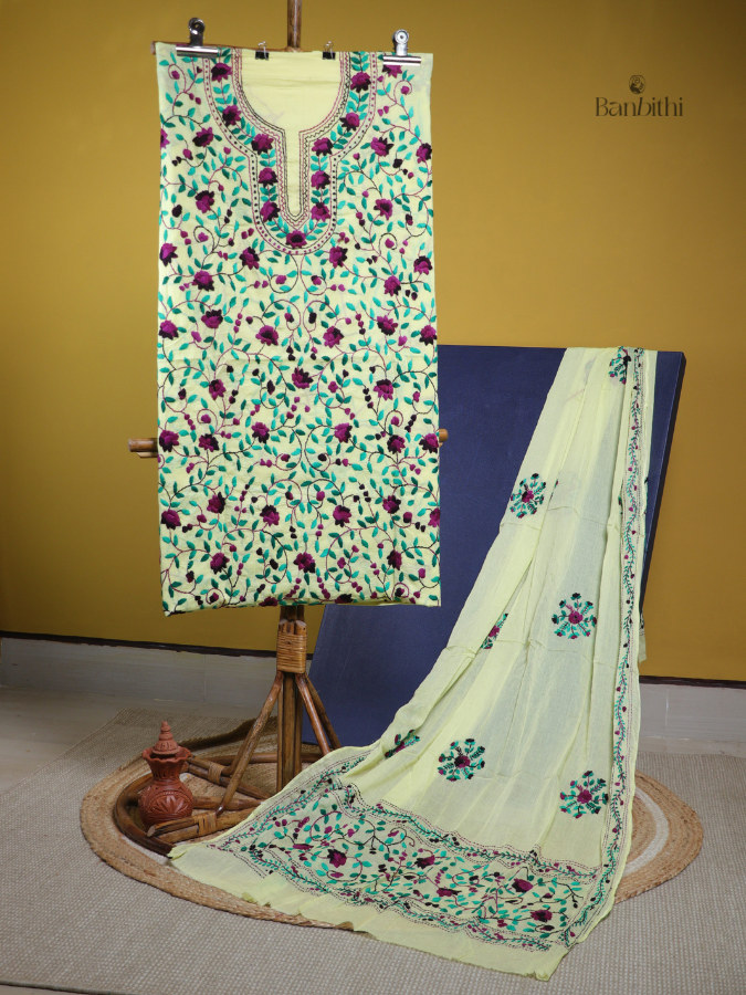 Hand Embroidered Cotton Suit Set – 3 Pcs (Lemon Yellow)