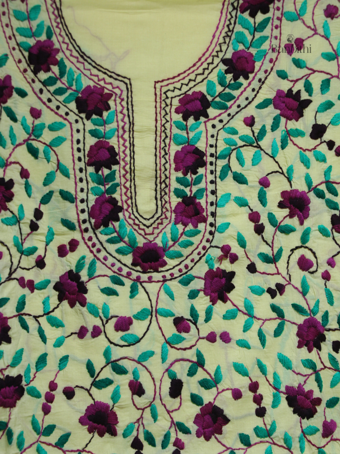 Hand Embroidered Cotton Suit Set – 3 Pcs (Lemon Yellow)