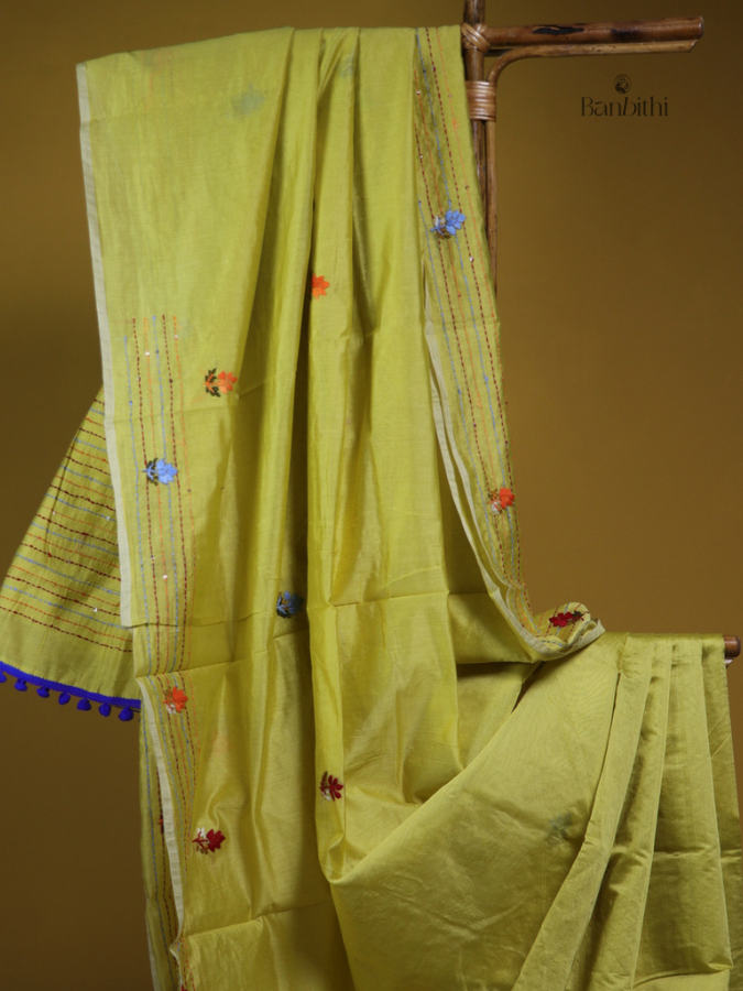 Lemon Glow Embroidered Chanderi Silk Cotton Saree