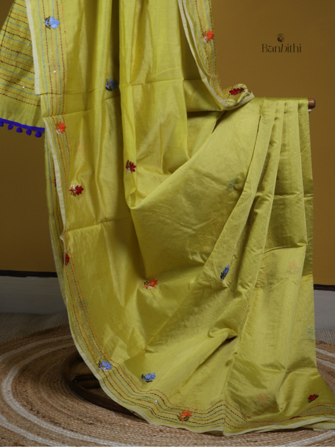 Lemon Glow Embroidered Chanderi Silk Cotton Saree